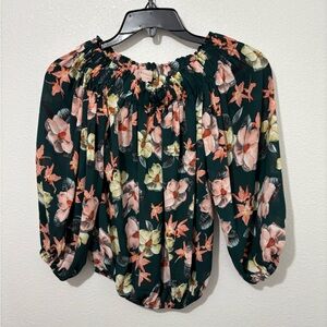 Philosophy Blouse Womens Size XS Green With Floral Printed Off the Shoulder Top